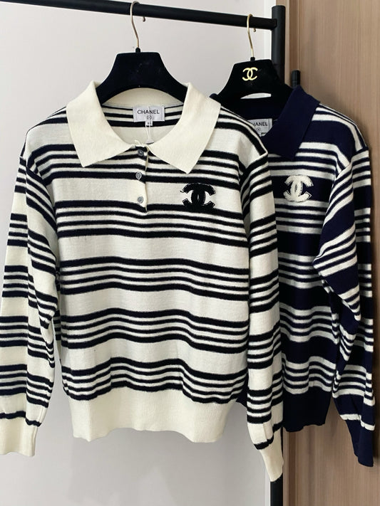 Contrast striped lapel knit long sleeves