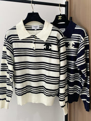 Contrast striped lapel knit long sleeves