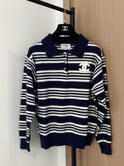 Contrast striped lapel knit long sleeves