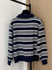 Contrast striped lapel knit long sleeves