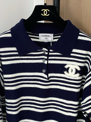 Contrast striped lapel knit long sleeves