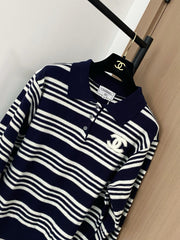 Contrast striped lapel knit long sleeves
