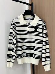 Contrast striped lapel knit long sleeves