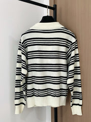 Contrast striped lapel knit long sleeves