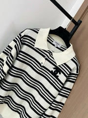 Contrast striped lapel knit long sleeves