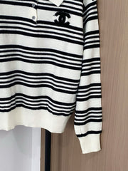 Contrast striped lapel knit long sleeves