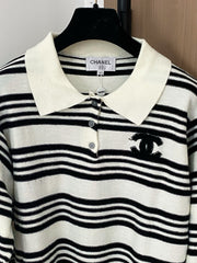 Contrast striped lapel knit long sleeves
