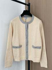 Colorblock crewneck knit long-sleeved cardigan
