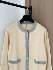 Colorblock crewneck knit long-sleeved cardigan