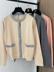 Colorblock crewneck knit long-sleeved cardigan