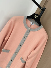Colorblock crewneck knit long-sleeved cardigan