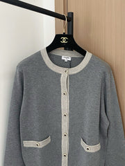 Colorblock crewneck knit long-sleeved cardigan