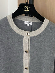 Colorblock crewneck knit long-sleeved cardigan