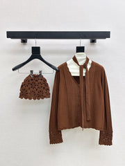 V-neck cardigan + floral hollow knit hat