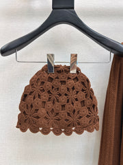 V-neck cardigan + floral hollow knit hat