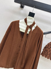 V-neck cardigan + floral hollow knit hat