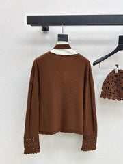 V-neck cardigan + floral hollow knit hat