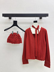 V-neck cardigan + floral hollow knit hat