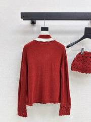 V-neck cardigan + floral hollow knit hat