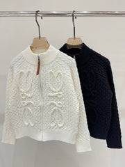 Simple cable-knit leather zipper casual knitted cardigan