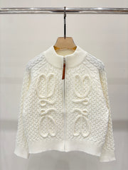 Simple cable-knit leather zipper casual knitted cardigan