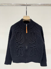 Simple cable-knit leather zipper casual knitted cardigan