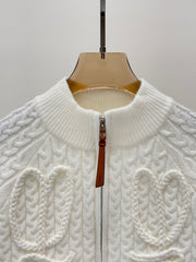 Simple cable-knit leather zipper casual knitted cardigan
