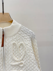 Simple cable-knit leather zipper casual knitted cardigan