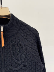 Simple cable-knit leather zipper casual knitted cardigan