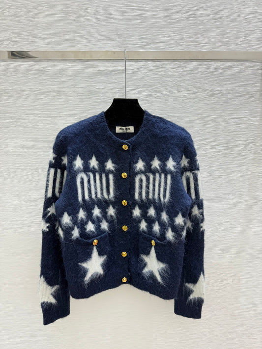 Contrast color five-pointed star round neck knitted long-sleeved cardigan