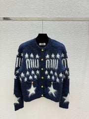 Contrast color five-pointed star round neck knitted long-sleeved cardigan