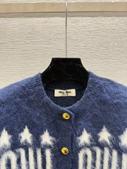 Contrast color five-pointed star round neck knitted long-sleeved cardigan