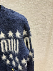 Contrast color five-pointed star round neck knitted long-sleeved cardigan
