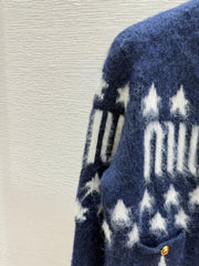 Contrast color five-pointed star round neck knitted long-sleeved cardigan