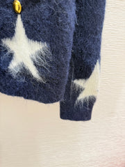 Contrast color five-pointed star round neck knitted long-sleeved cardigan
