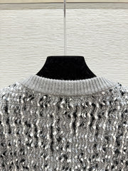 Contrast beaded crew neck knitted long-sleeved cardigan