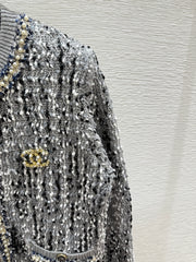 Contrast beaded crew neck knitted long-sleeved cardigan