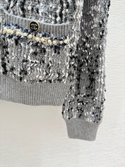Contrast beaded crew neck knitted long-sleeved cardigan