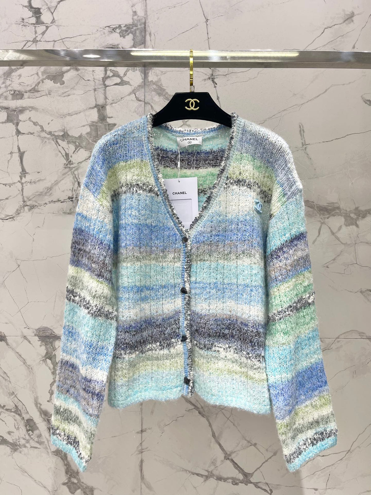 Gradient Stripe Mohair V-Neck Knit Cardigan