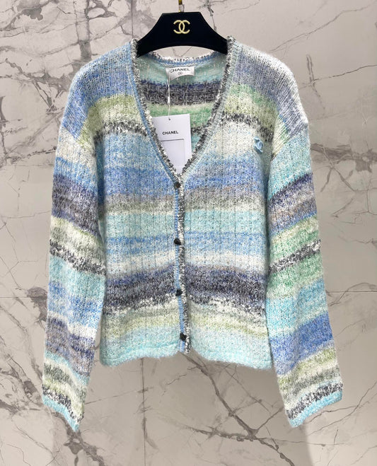 Gradient Stripe Mohair V-Neck Knit Cardigan