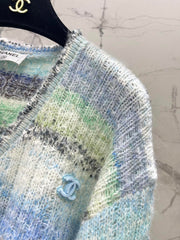 Gradient Stripe Mohair V-Neck Knit Cardigan