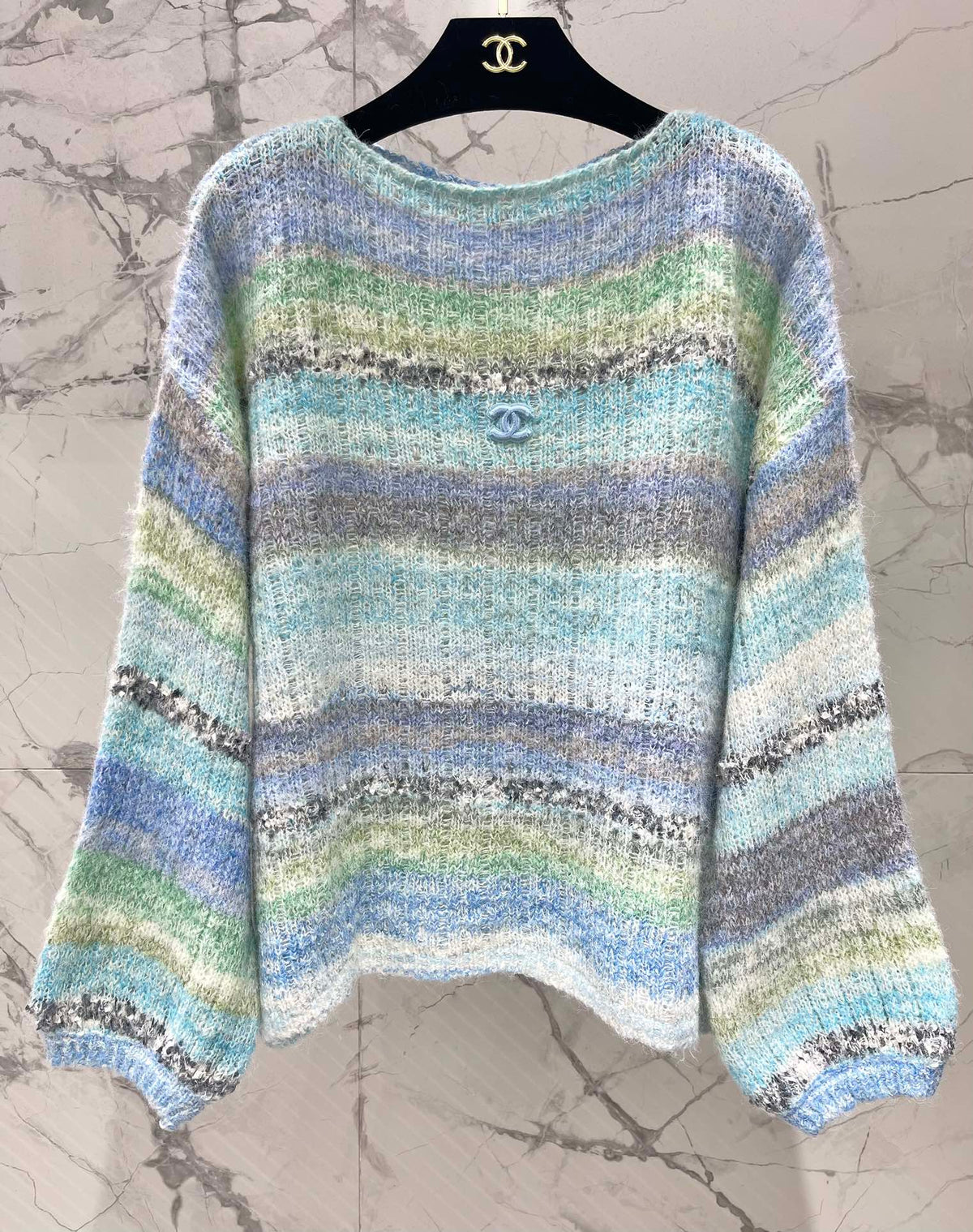 Gradient Stripe Mohair V-Neck Knit Sweater