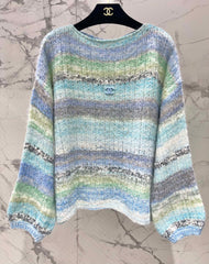 Gradient Stripe Mohair V-Neck Knit Sweater