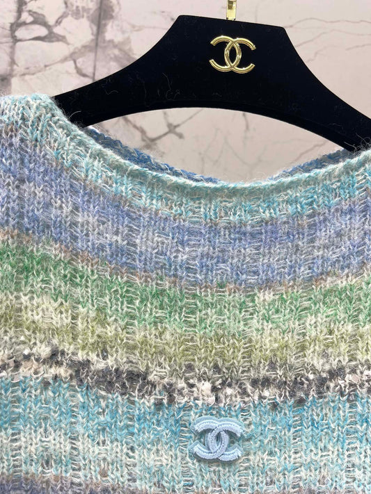 Gradient Stripe Mohair V-Neck Knit Sweater