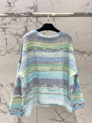 Gradient Stripe Mohair V-Neck Knit Sweater