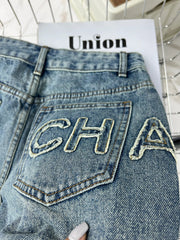 letter embroidered denim shorts