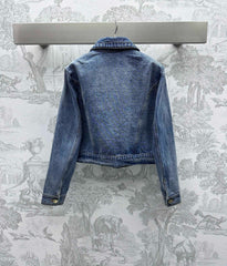 Lapel long-sleeve denim jacket with metal logo leather buckle on chest