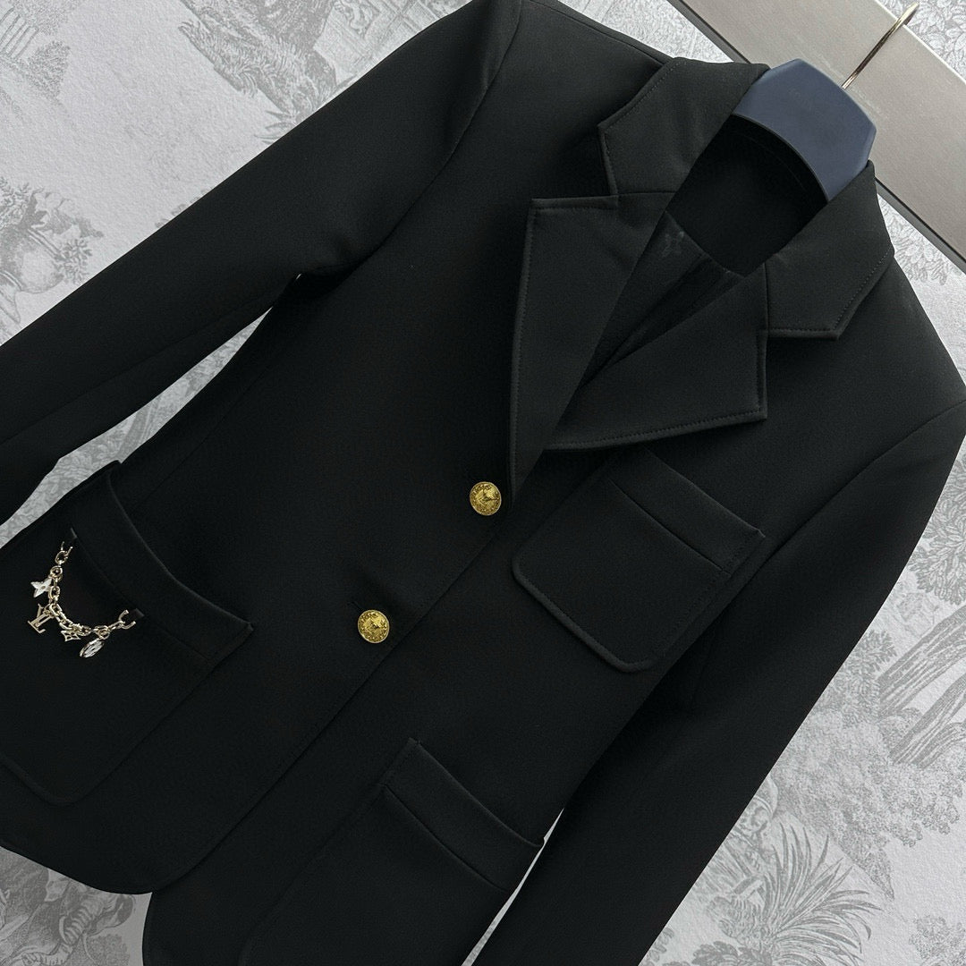 Blazer with logo hardware chain decoration