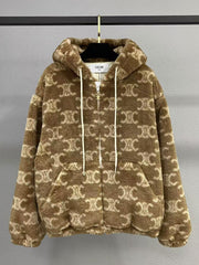 Jacquard pattern warm plush hooded jacket