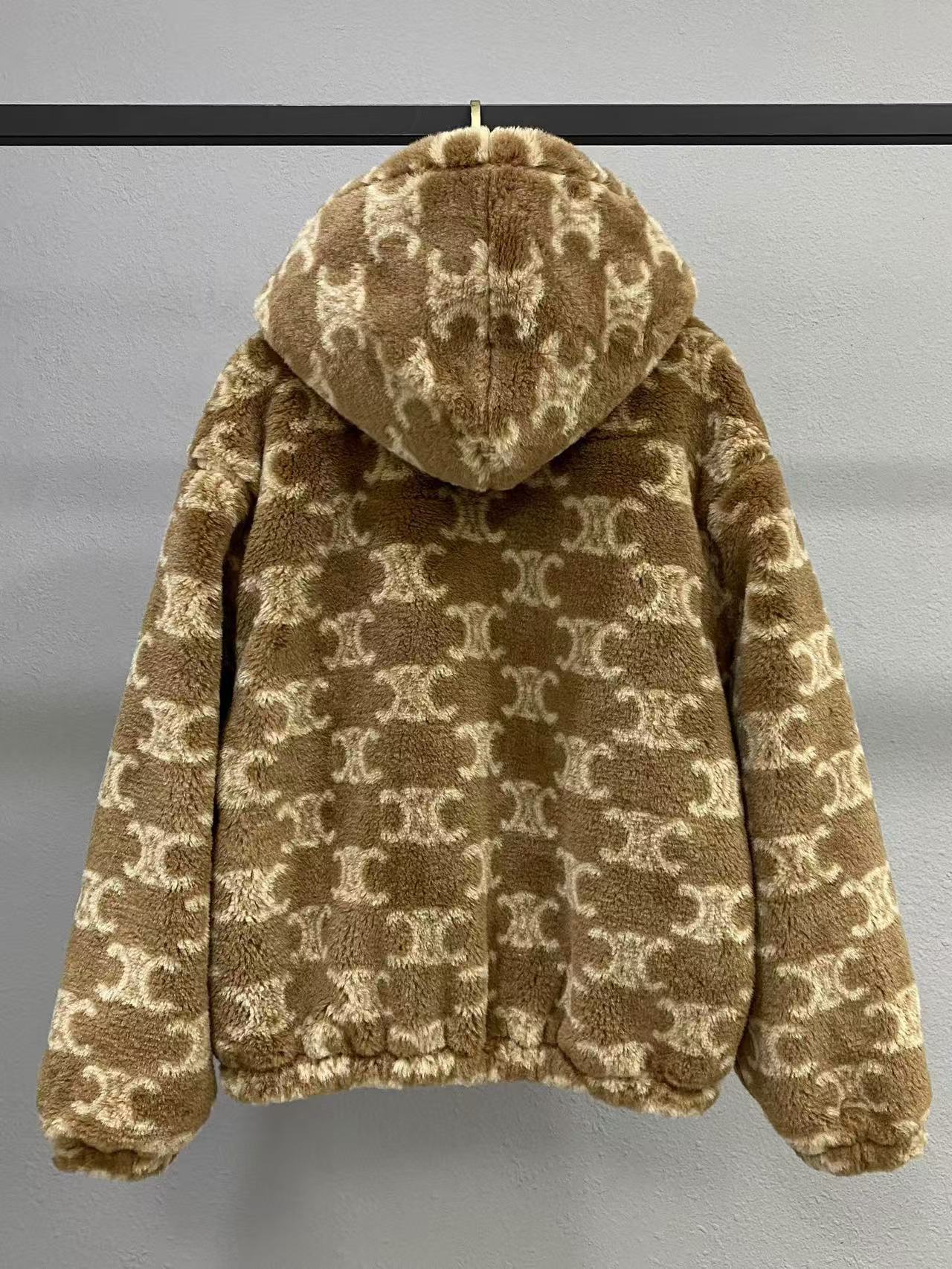 Jacquard pattern warm plush hooded jacket